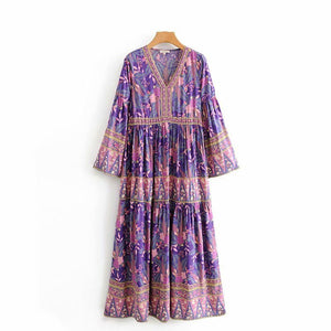 Women's Purple Beach Bohemian Dress | V-Neck | S-L