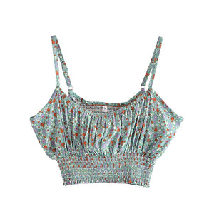 Women's Green Floral Bohemian Two Piece Outfit | Sleeveless Top + Loose Pants | S-L