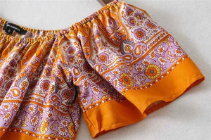 Women's Orange Floral Printed Sleeveless Boho Bodysuit Romper | S-L