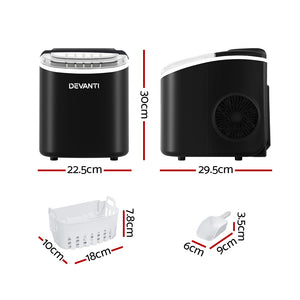 Devanti Black Portable Ice Maker | 12kg Ice Cube Tray | Bar Countertop