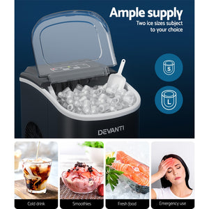 Devanti Black Portable Ice Maker | 12kg Ice Cube Tray | Bar Countertop