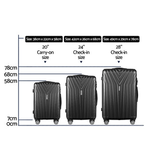 3pc Luggage Trolley Suitcase Sets | 20'' 24'' 28'' | Travel Hard Case | Lightweight Black