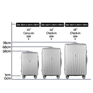 3pc Luggage Trolley Suitcase Sets | 20'' 24'' 28'' | Travel Hard Case | Lightweight Silver
