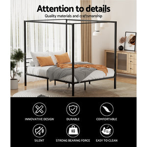 Artiss Four-Poster Metal Bed Frame - Queen Size | Sleek Black Platform (POCHY)