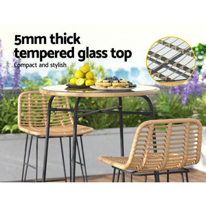 Gardeon Outdoor Bar Table Wicker Dining | Steel Patio Bistro Glass Table for Balcony