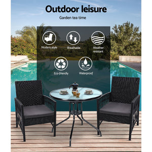 Gardeon Outdoor Furniture Dining Chairs Wicker Garden Patio Cushion Black 3PCS Tea Coffee Cafe Bar Set - The Hippie House