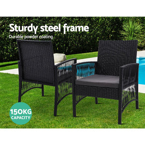 Gardeon Outdoor Furniture Dining Chairs Wicker Garden Patio Cushion Black 3PCS Tea Coffee Cafe Bar Set - The Hippie House