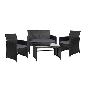 Set of 4 Outdoor Black Wicker Chairs & Table
