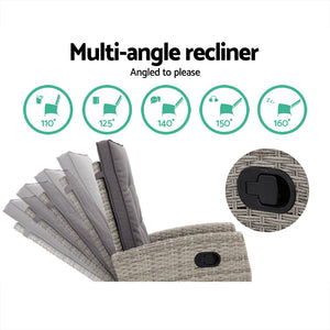 Recliner Chair / Table Set - Grey Wicker Cushions Included