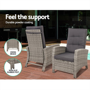 Recliner Chair / Table Set - Grey Wicker Cushions Included