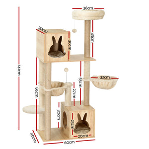 i.Pet Cat Tree Tower Scratching Post | Wood Bed Condo Toys House | 141cm