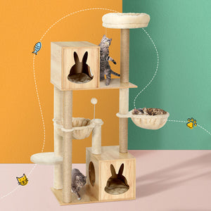 i.Pet Cat Tree Tower Scratching Post | Wood Bed Condo Toys House | 141cm