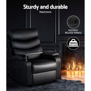 Black Leather Recliner Armchair With Table Tray