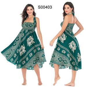 Women's Green Elephant Versatile Bohemian Skirt Dress | Dual Purpose | Free Size