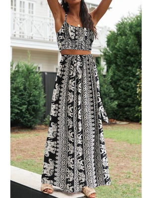 Women's Black Elephant Hippie Styled Two Piece Outfit | Sleeveless Top + Pants | S-L