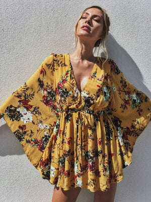 Women's Yellow Batwing Boho Dress | Deep V-Neck | S-L