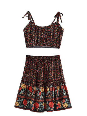 Women's Floral Bohemian Two Piece Outfit | Strapless Top + Mini Skirt | S-L | Various Colours