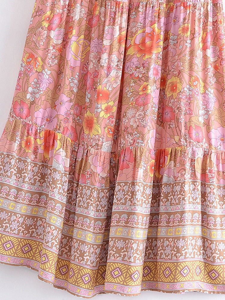 Women's Hippie High Waisted Skirt | Floral Pink | S-L