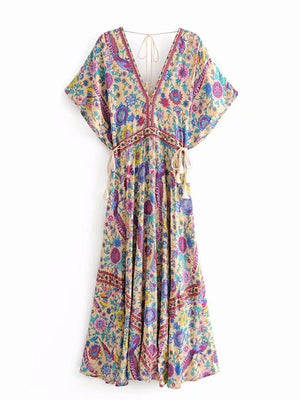 Women's Vintage Peacock Bohemian Maxi Dress | V-Neck | Various Colours