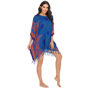 Boho Bikini Cover Up | Blue Bohemian Swimwear Beach Top | Free Size