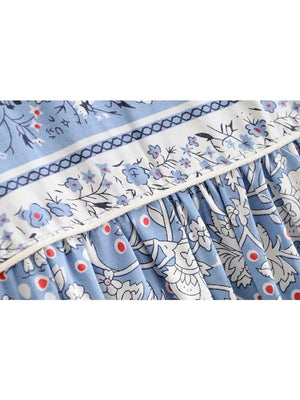 Light Blue Floral Vintage Styled Dress | Tassels + V-Neck | S-L