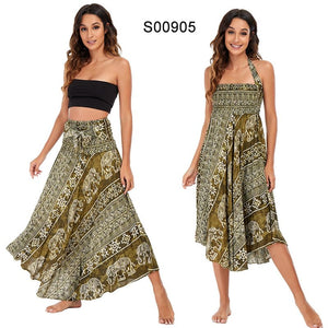 Women's Green Thai Elephant Versatile Bohemian Skirt Dress | Dual Purpose | Free Size