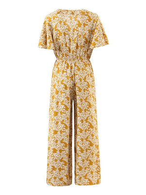 Women's Full Length Yellow Floral Printed Boho Jumpsuit | Short Sleeve + V-neck | S-L