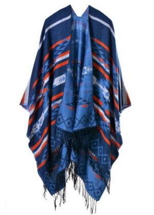 Ethnic Blanket Poncho With Tassels | Tibet Blue | Free Size
