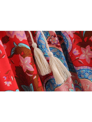 Women's Bohemian Styled Red Japanese Flower Long Skirt | M-L