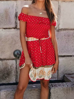 Women's Boho Off Shoulder Strapless Red Or Black Top With Matching Mini Skirt | Clothing Set | M-L