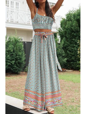 Women's Green Floral Bohemian Two Piece Outfit | Sleeveless Top + Loose Pants | S-L