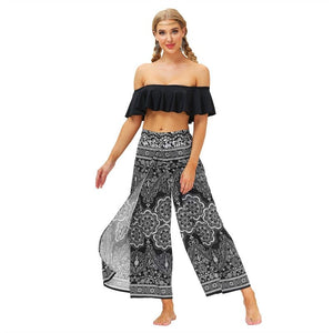 Women's Casual Slit Wide Leg Hippie Boho Pants | Bohemian Black Design | S-L