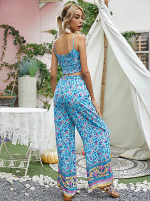 Women's Blue 60's Flower Child Two Piece Outfit | Sleeveless Top + Bohemian Pants | S-L