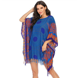 Boho Bikini Cover Up | Blue Bohemian Swimwear Beach Top | Free Size