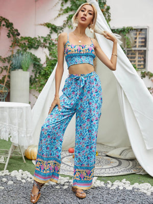 Women's Blue 60's Flower Child Two Piece Outfit | Sleeveless Top + Bohemian Pants | S-L