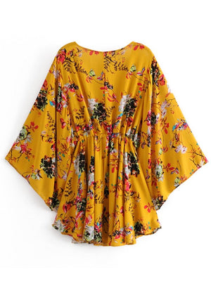 Women's Yellow Batwing Boho Dress | Deep V-Neck | S-L