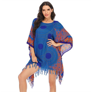 Boho Bikini Cover Up | Blue Bohemian Swimwear Beach Top | Free Size