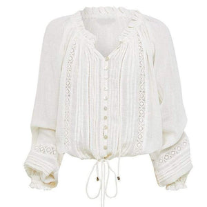 White Women's Bohemian Long Lantern Sleeved V-Neck Top | S-L