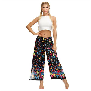 Women's Casual Slit Wide Leg Hippie Boho Pants | Muti Colour Butterfly Design | S-L