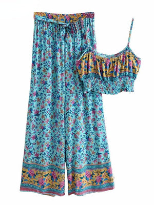 Women's Blue 60's Flower Child Two Piece Outfit | Sleeveless Top + Bohemian Pants | S-L