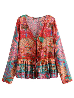 Vintage Free Flowing Bohemian Lace Up Blouse | Deep N-Neck + Long Sleeve | S-L