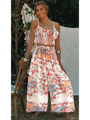 Women Multi Floral Printed Two Piece Suit | Sleeveless Top + Bohemian Loose Pants | S-L
