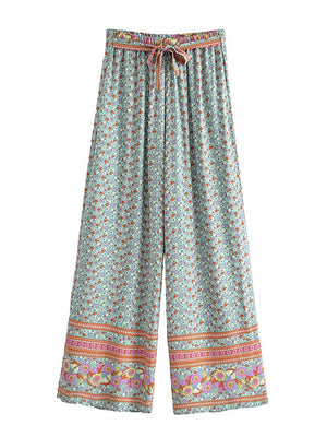 Women's Green Floral Bohemian Two Piece Outfit | Sleeveless Top + Loose Pants | S-L