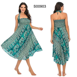 Women's Green Thai Elephant Versatile Bohemian Skirt Dress | Dual Purpose | Free Size