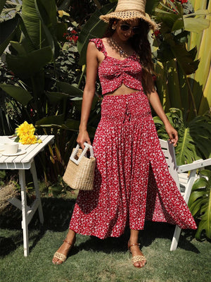 Women's Red Boho Two Piece Outfit | Sleeveless Top + Bohemian Dress | S-L