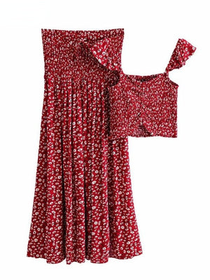 Women's Red Boho Two Piece Outfit | Sleeveless Top + Bohemian Dress | S-L