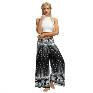 Women's Casual Slit Wide Leg Hippie Boho Pants | Peacok Black Design | S-L