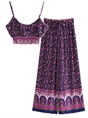 Women's Purple Boho Two Piece Outfit | Sleeveless Top + Bohemian Pants | S-L