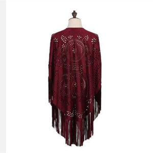 Women's Red Bohemian Cardigan Cloak With Tassels | Hollowed Out | Free Size