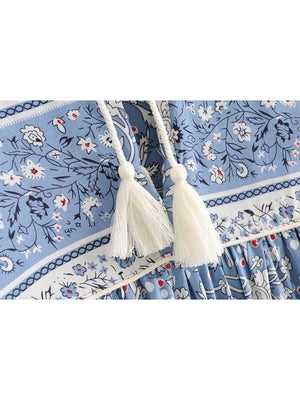 Light Blue Floral Vintage Styled Dress | Tassels + V-Neck | S-L